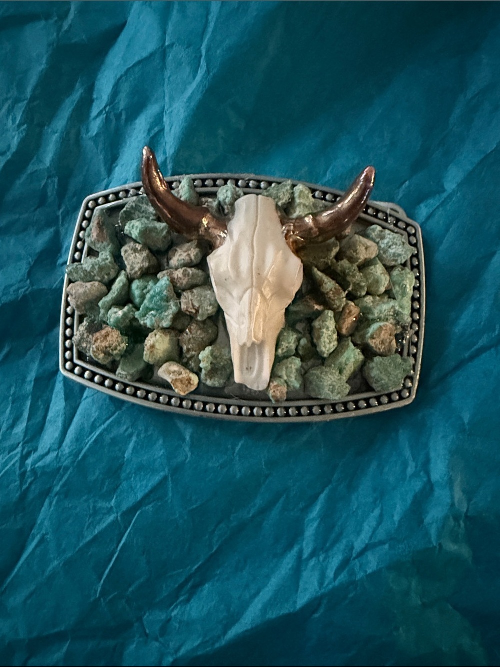 Turquoise Stone Bull Skull Western Belt Buckle